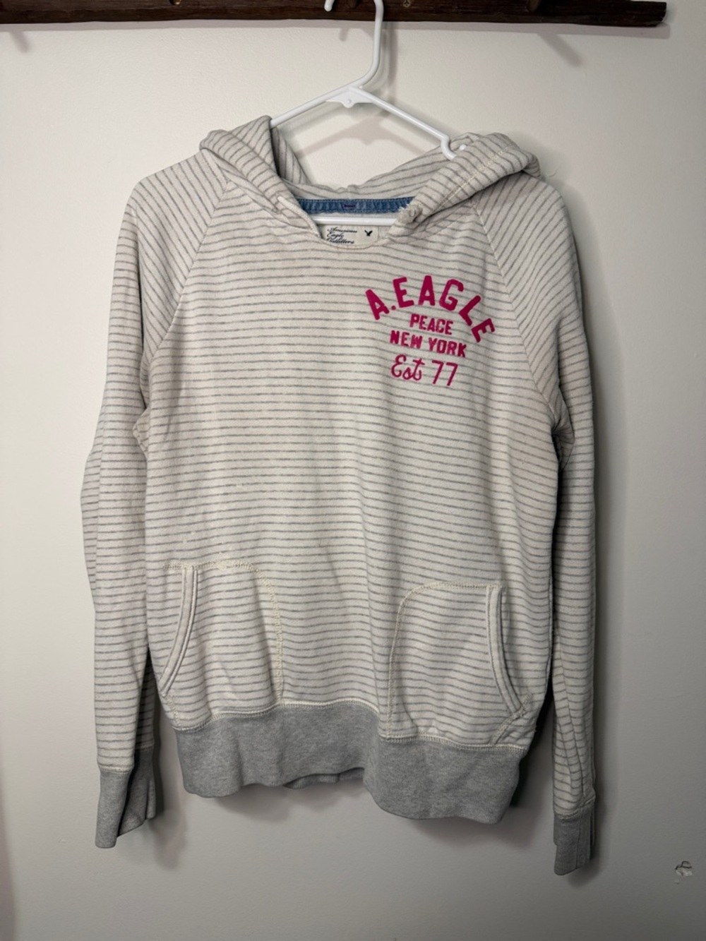 American Eagle Outfitters Cream and Light Gray Striped Hoodie with Pink Accent